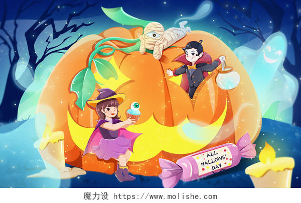 蓝色橙色梦幻卡通儿童妖怪庆祝万圣节插画素材